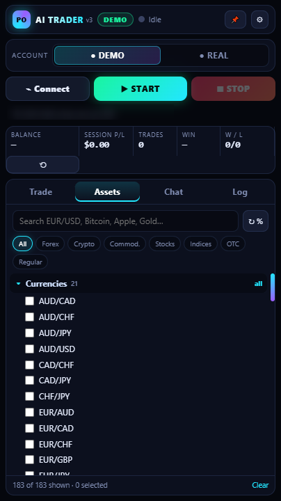 Asset picker: 183 assets with search and filters