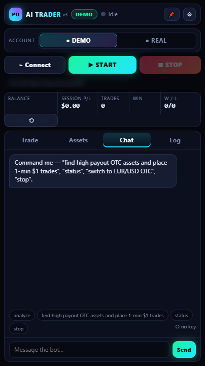 Chat tab: command the bot in plain English (needs your own AI key)