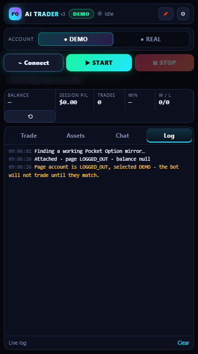Live log: the bot will not trade until the page account matches the selected DEMO/REAL